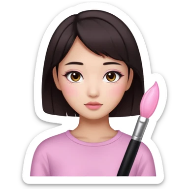 asian girl with short dark brown hair and dark brown eyes with a soft girl pink glowup aesthetic sticker