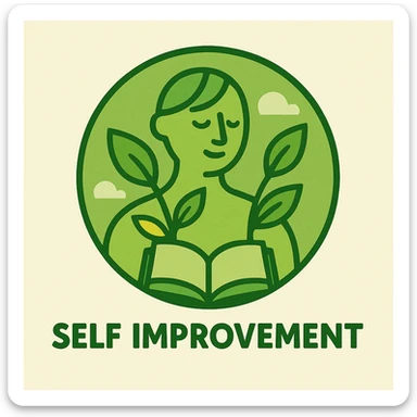 Add a book or brain icon to the self improvement logo. Keep the circular design with growth leaves and a person silhouette. Use a fresh green and yellow color palette. Maintain the natural and growth-oriented feel. sticker