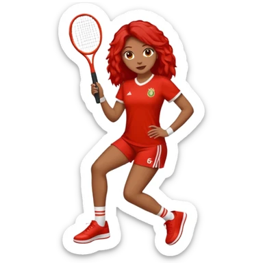 Crie uma rapariga com cabelo encaracolado, longo e frisado, olhos escuros, muitos sinais na cara, blusa vermelha e branca às riscas, calças de ganga, ténis samba fake  sticker