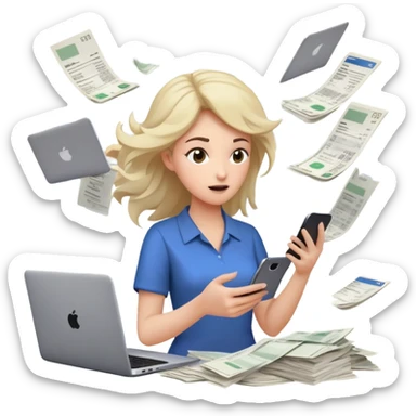 woman holding a phone in one hand, laptop open in front, storm of receipts, invoices, and reminders swirling around, multitasking chaos sticker