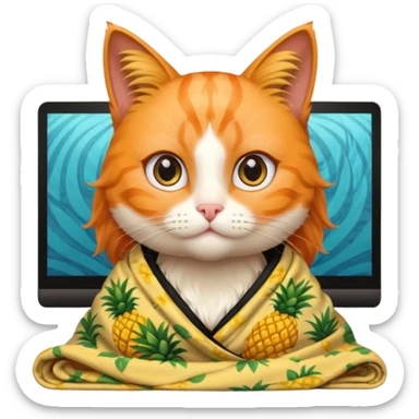 An orange female cat with a computer, with long eyelashes and black wavy hair,
She wears a blanket with pineapple patterns on her body, There's no pineapple sticker