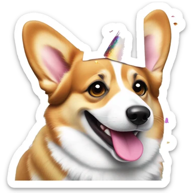 Happy Welsh corgi with a cheeky wink, tongue sticking out, and a colorful party hat, surrounded by confetti for a fun celebration sticker