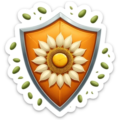 Floating seeds (pumpkin, sunflower, sesame) and a glowing cut of lean meat positioned on a bright shield of light. The shield emits protective rays while the seeds and meat shine with nutritional essence, creating a healing and protective visual. sticker