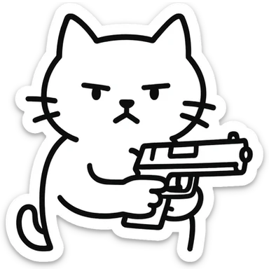 hand-drawn outlined icon of a cat holding a gun sticker