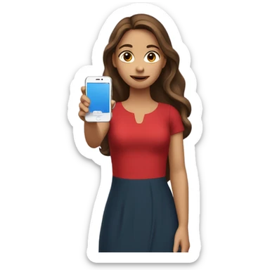 a white girl with long brown hair in a red dress holding a cell phone showing it sticker