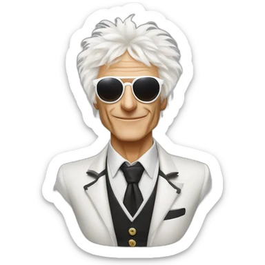 michel polnareff avec des lunettes de soleil blanches, des cheveux longs, vieux et avec un costume sticker