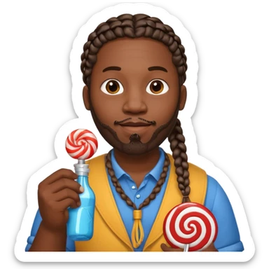 Big black man with braids hold a bottle and a lollipop sticker