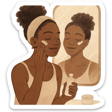 self care aesthetic, black girl with brown skin, applying skincare in front of a mirror, gentle and uplifting mood sticker
