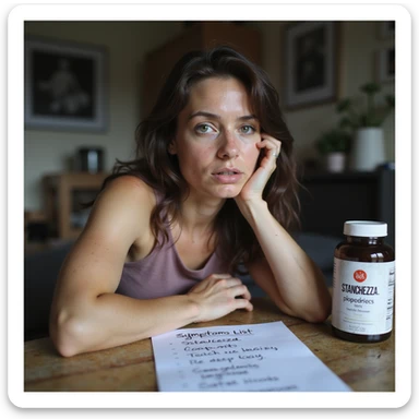 hyperrealistic 4K image of a woman with PCOS, face with acne and chin hair, thin hair, lost gaze, symptom list on the table with 'stanchezza' highlighted, supplements next to it, home environment sticker