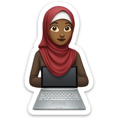 girl wearing hijab with red dress , brown eyes holding computer sticker