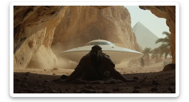 cinematic still, documentary photography, acient egypt, back shot of a man dress in ancient clothes in cave on ground laying front of small ufo starship, palms, dynamic scane, leading lines, captured by arri alexa, depth layers, piramids in babckground sticker