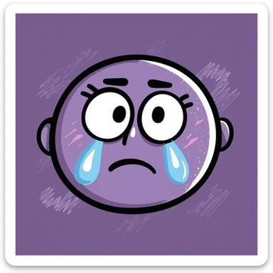 chalk-doodle emoji with oversized purple teary eyes, white heart pupils, trembling motion lines, soft frown, upward eyebrows, blue tears, rough pastel texture, drawn on dark background, lilac and soft purple tones, emotional and aesthetic for Telegram sticker