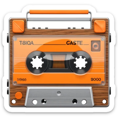 3D render of Cassette Tape, vintage 1980s audio equipment aesthetic, tactile analog buttons, transparent clear plastic with orange ribbon reels inside, mixed wood grain and brushed aluminum textures, Apple emoji style, isolated on white background --v 6.0 sticker