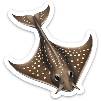 Spotted eagle sting ray with wide wingspan and long spike sting tail at posterior end viewed from above sticker