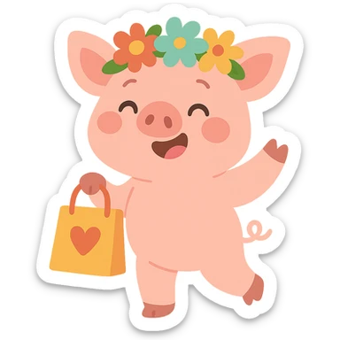 piglet with flower crown and gift bag, pastel-toon style sticker