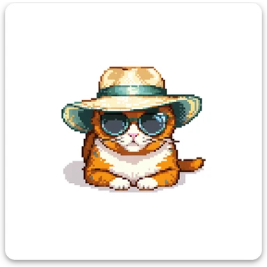a cat in a summer panama hat with large brim, wearing sunglasses, lying on its stomach with its head resting on the ground sticker