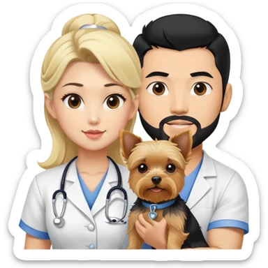 Blonde nurse next to black haired Korean Asian handsome muscular man black pointy hair full goatee.   Holding one blonde yorkie.  sticker