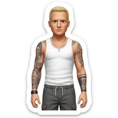 Chester Bennington with blonde hair, white tank top, grey baggy pants sticker