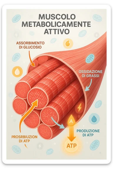 a highly detailed cross-section of human skeletal muscle fibers, shown in vibrant red and pink tones, with visible striations and realistic texture. Glowing arrows and animated icons represent active metabolic processes—such as glucose uptake, fat oxidation, and ATP production—occurring within the muscle tissue. Surrounding the muscle, floating symbols for mitochondria and energy highlight its metabolic activity. The background is clean and clinical, with subtle labels and infographics explaining that muscle is a metabolically active tissue. The overall style is modern, scientific, and visually engaging, suitable for educational or medical use. in italiano sticker