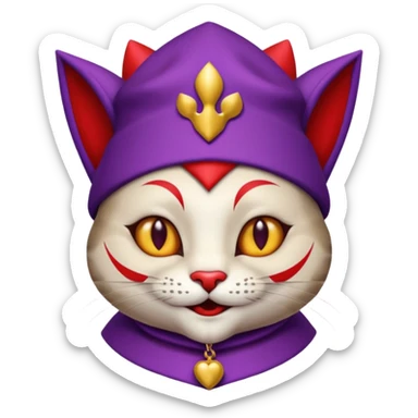 crazy colorful cute little cat jolly joker from poker, medieval, vintage, court jester, mac os icon, purple and red color, half body sticker