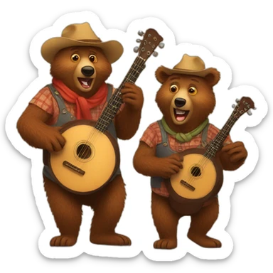 family of country bears playing banjos around a fire sticker