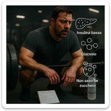 Add clear and legible Italian text to the icons in a realistic and symbolic-medical style: label the pancreas with 'Insulina bassa', the molecules with 'Glucosio', and the cells with 'Non assorbe zucchero'. Maintain the realistic and symbolic-medical style with clear and readable text. sticker