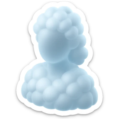 faceless person, facing straight, fully composed of white fluffy convex clouds, shoulder length, no shadows, matte glass style sticker