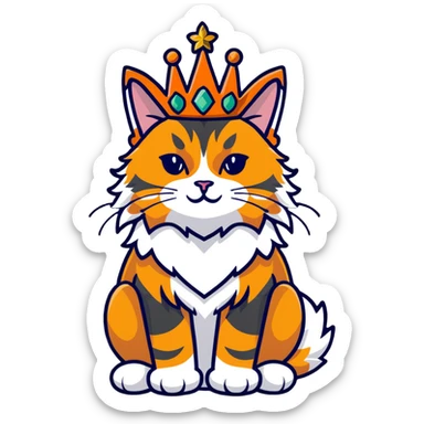 regal calico maine coon cat with orange, black and white fur wearing a jeweled crown sticker