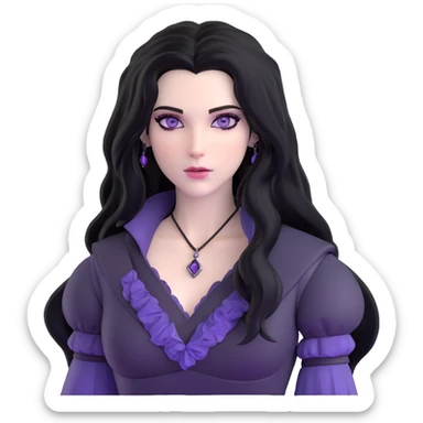 Yennefer from Witcher with long black hair, violet eyes, pale skin, wearing black clothes sticker