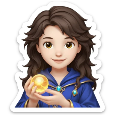 A teen brunette mage with tousled hair, holding a tiny glowing orb and smiling confidently. sticker