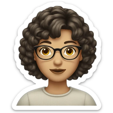 girl with short curly dark brown hair and bangs and thin glasses sticker
