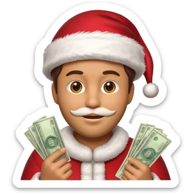 A confident rich emoji face wearing a Santa hat, money stacks, casino vibe, New Year theme, premium 3D emoji style, sharp details, no text, isolated on transparent background sticker
