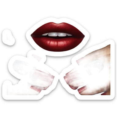 long dark blue manicure at the mouth with red lipstick sticker