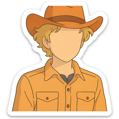 ghibli style young man with wavy blonde hair, blank face, orange cowboy hat sticker
