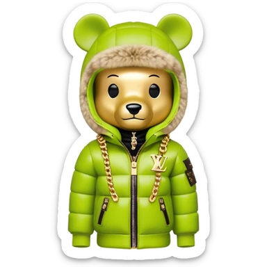 traditional cube-shaped bearbrick toy with squared head, lime balaclava with graffiti logos and integrated dark visor shield, Louis Vuitton monogram puffer jacket with plush fur hood trim, gold chains sticker
