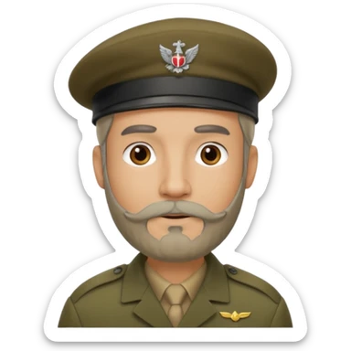 A man in military lhaki colored beret with grey beard sticker