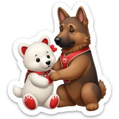 Brown German shepherd with red harness playing with a white plushy bear sticker