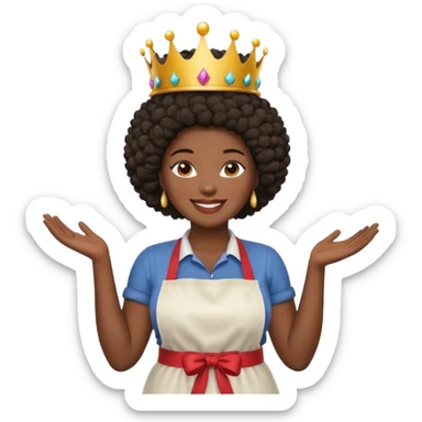 Mujer curvy afro, con vestimenta cómoda y delantal,con una corona sobre su cabeza y sonrisa contagiosa.  sticker