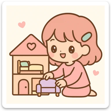 smiling girl arranging furniture in doll house sticker