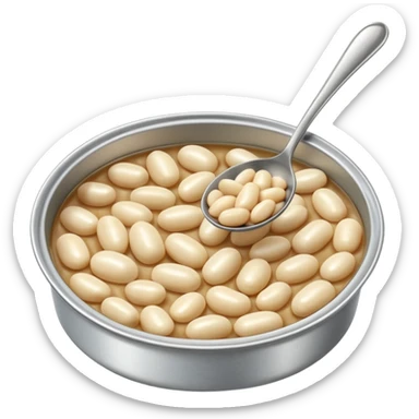 open tin can filled with plump glossy white beans in light slightly starchy broth, smooth oval beans gently piled with natural glisten, metallic shallow partially opened can, no label spoon or garnish, soft lighting, subtle shadows, emoji scale sticker