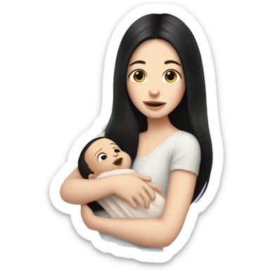 Pale girl with long black hair is holding a pale newborn baby sticker