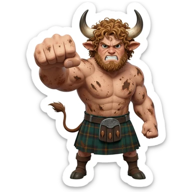 big buff curly hairy man covered in dirt with freckles with messy light brown bangs that covers his face completely with bull horns and bull ears and bull tail dressed in kilt punches with left hook front view furious expression sticker