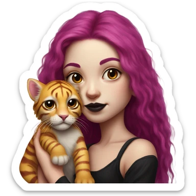 realistic portrait of girl with Long magenta Hair and gothic make up with her fluffig golden Tiger kitten sticker