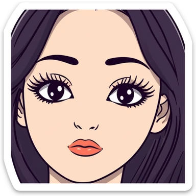 White girl with long oval face, huge round black eyes, big eyelashes, no makeup, natural lips, face closeup, long straight black middle-parted hair sticker