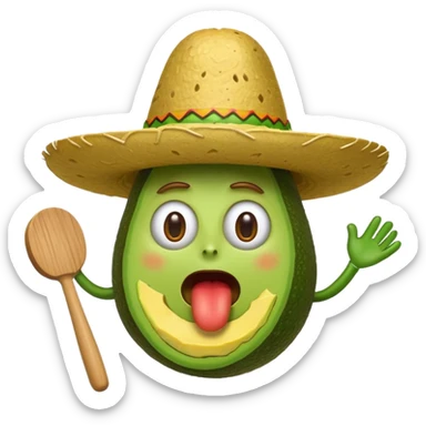 surprised avocado in guacamole wearing a sombrero with a mallet in motion above its head, whack-a-mole action, iOS emoji style sticker