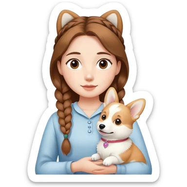 The girl with brown hair in a single braid is holding a white corgi sticker