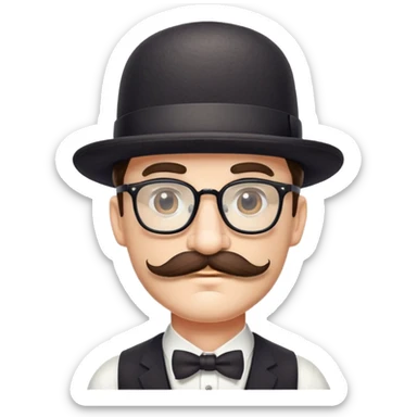 a mustachioed, full-bodied man with square glasses and a bowler hat. sticker