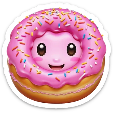 Cinematic tiny happy donut, round and fluffy, golden brown with pink icing and sprinkles, tiny adorable face with blushing cheeks, warm glowing background. sticker