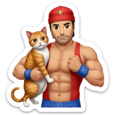Razor Ramon wrestler from WWF defeating a cat wearing a cap sticker