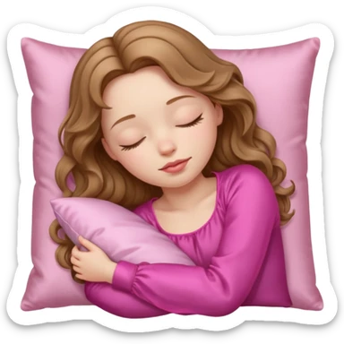 sleeping girl with pale skin and light brown wavy hair with a pink silk pillow sticker